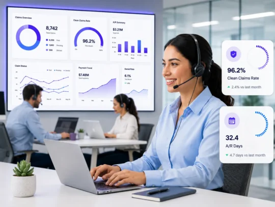 Modern office with professional agent and dashboard