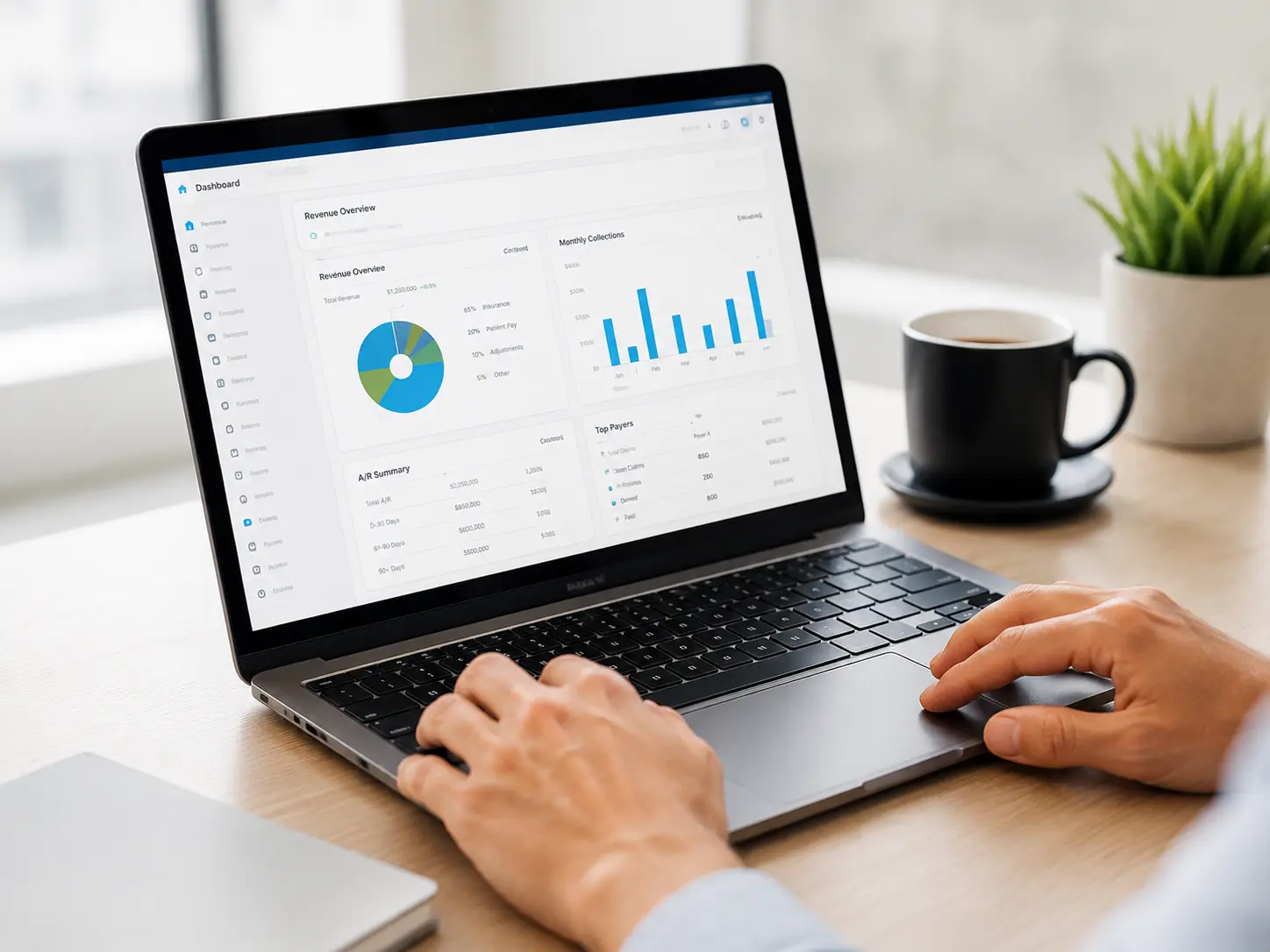 Modern office workspace with analytics dashboard